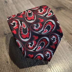 Lord R Colton London 100% Silk Tie Italy Paisley Black Red Silver Elegant Print